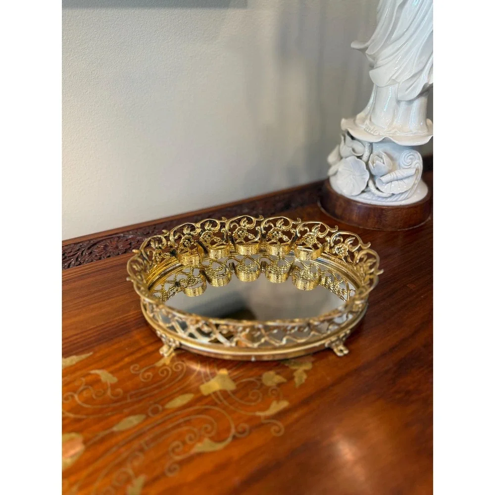 Vintage‎ Gold Ormolu Lipstick Holder - Mirrored Vanity Tray